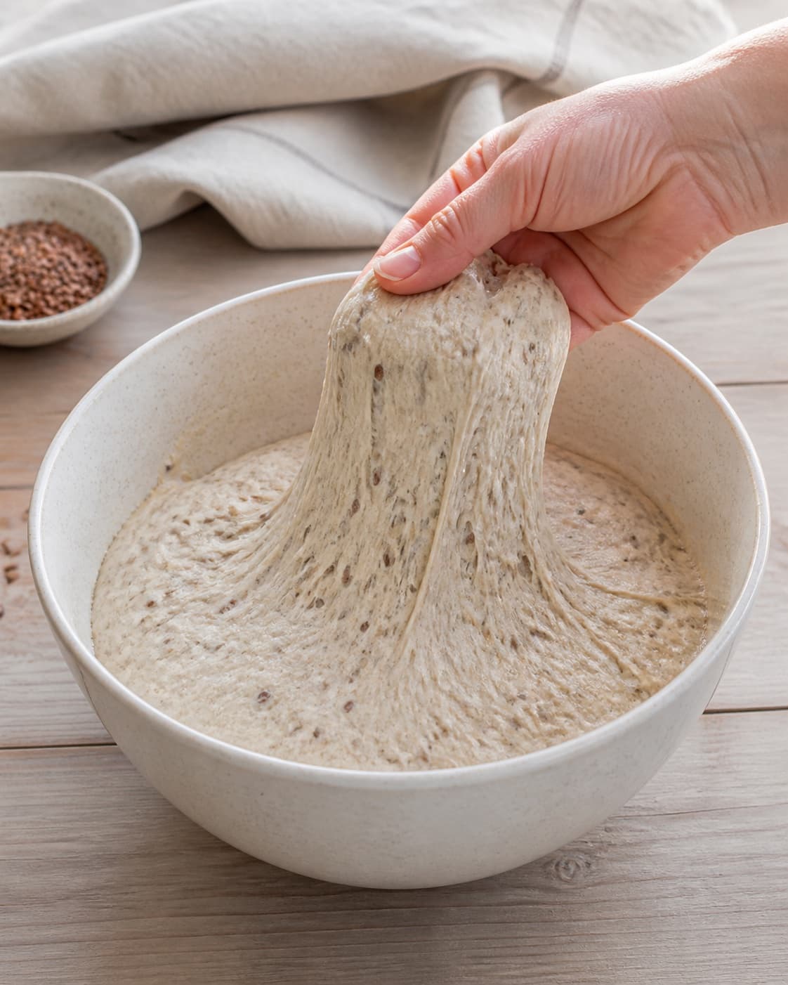 Sticky flaxseed dough being stretch-folded in one bowl, visibly risen and bubbly, no shaped rolls or baked bread under tilberedningen af hørfrøboller