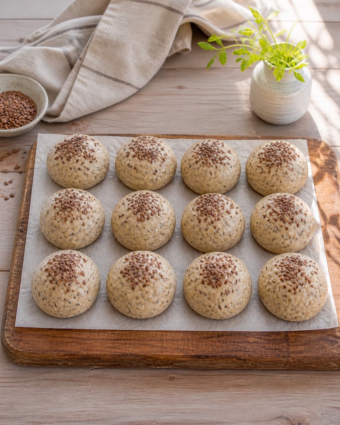 Exactly twelve raw flaxseed rolls arranged in exactly three rows of four on one lined tray, all equal and fully visible, no baked rolls under tilberedningen af hørfrøboller