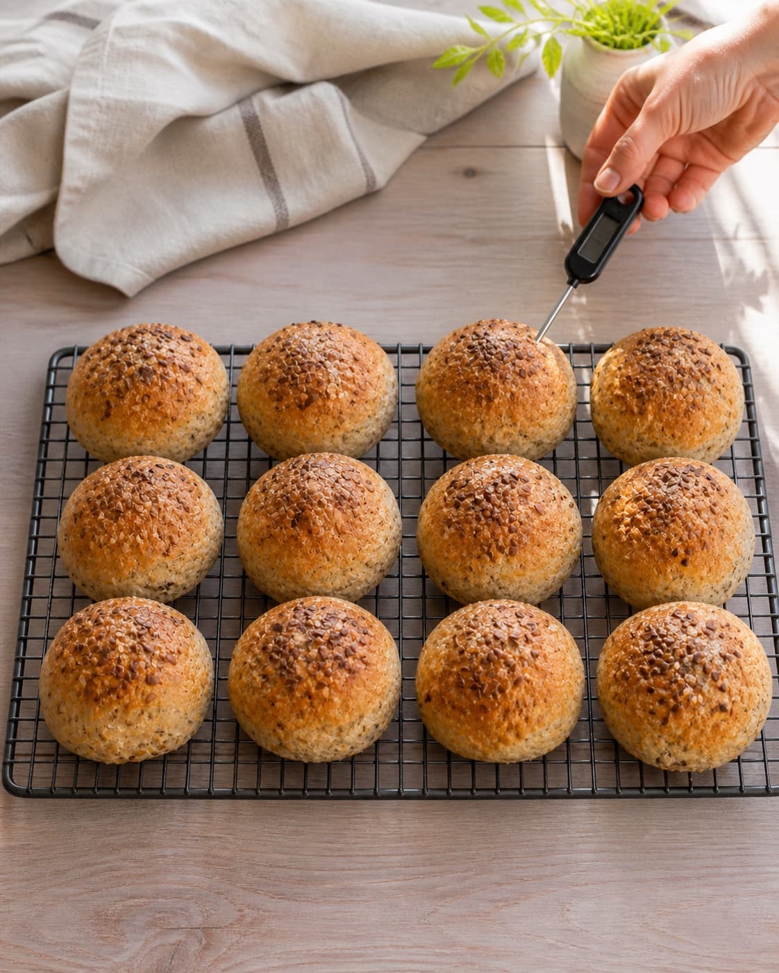 Exactly twelve baked golden flaxseed rolls arranged in exactly three rows of four on one cooling rack, one checked with a thermometer, no extra rolls under tilberedningen af hørfrøboller