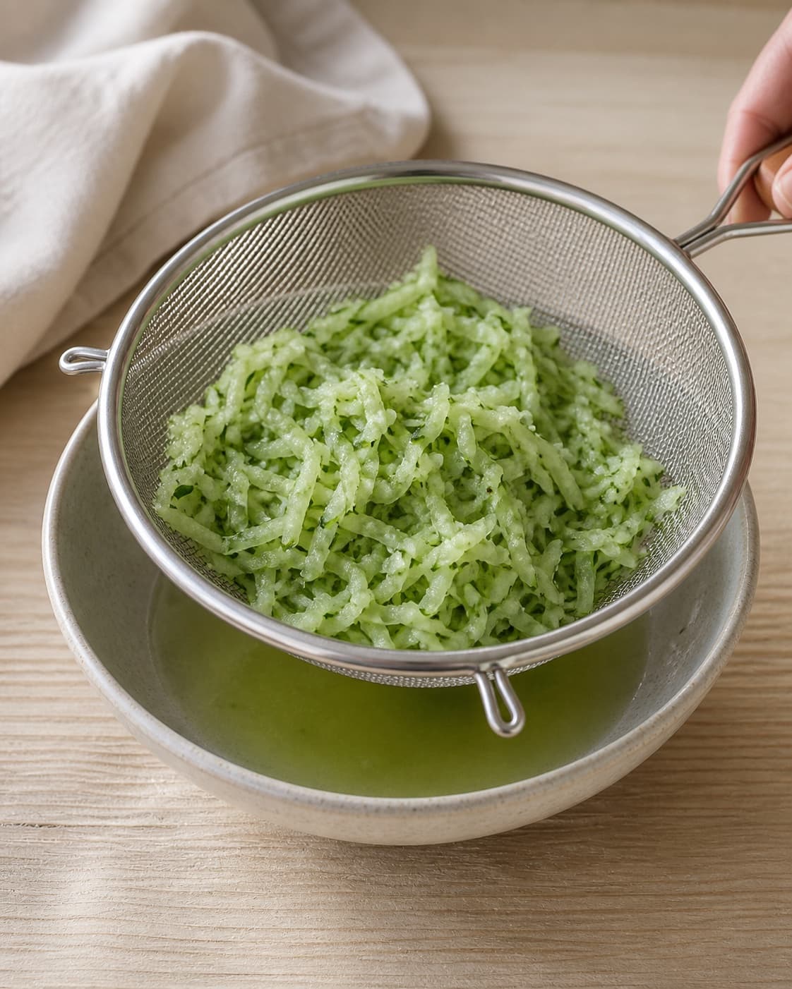 Coarsely grated cucumber mixed with salt and draining in one fine sieve over a bowl, no yoghurt herbs or finished raita under tilberedningen af raita