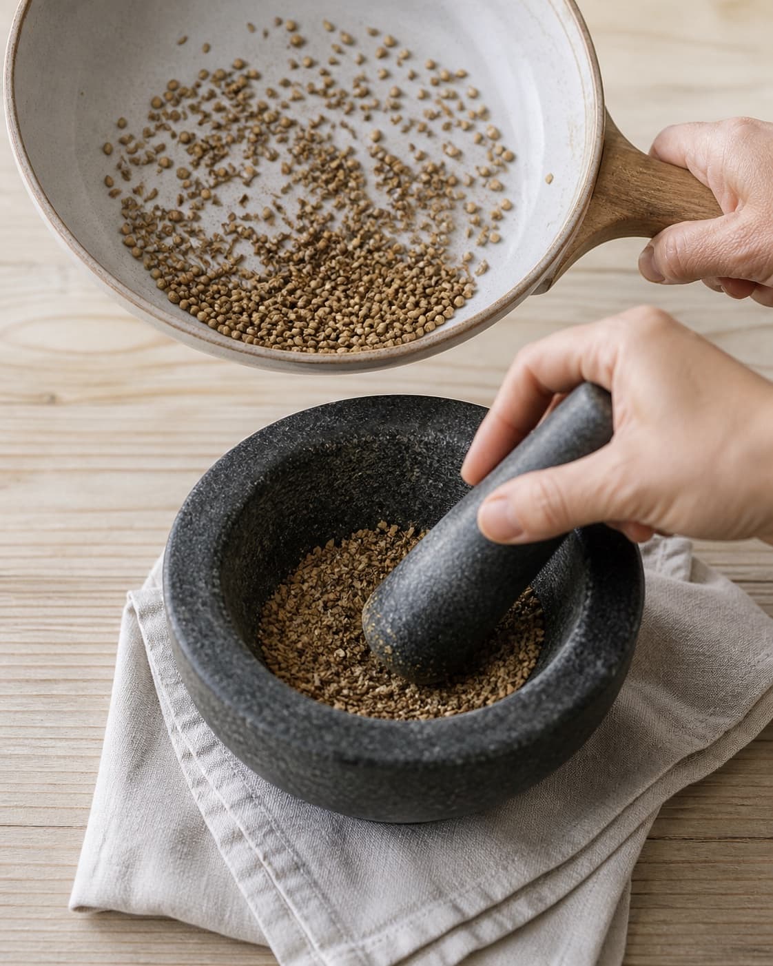 Cumin and coriander seeds lightly toasting in one dry pan, then coarsely crushed in a mortar, no cucumber yoghurt or finished dip under tilberedningen af raita