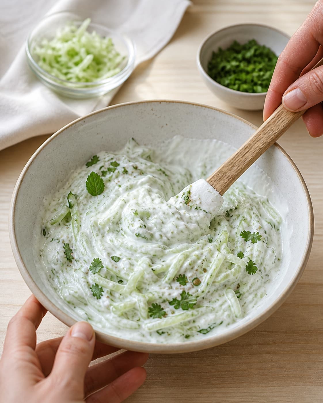 Thick white yoghurt being mixed with tiny toasted spices lemon squeezed cucumber mint and coriander, distinct cucumber shreds, no watery pool under tilberedningen af raita