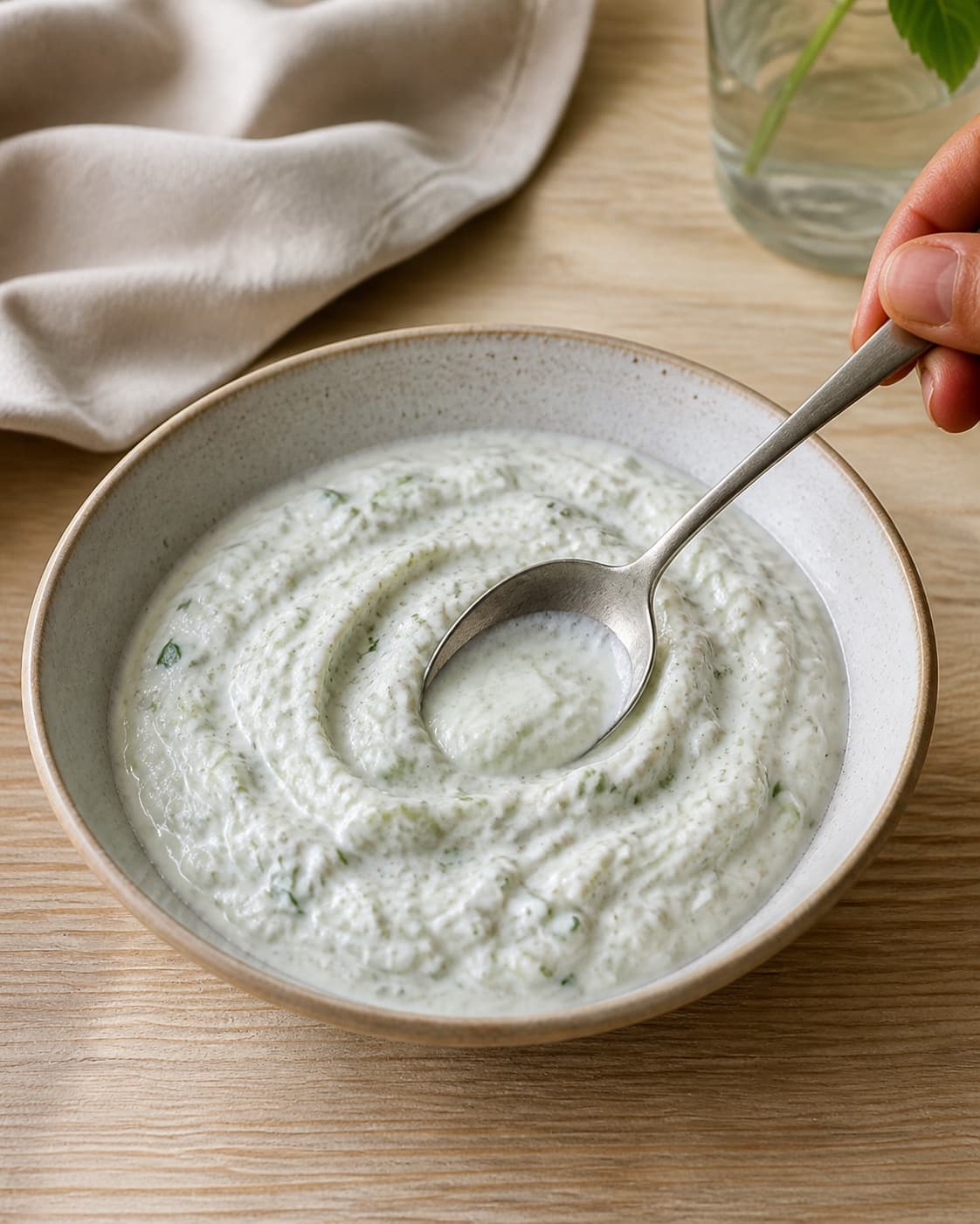 One shallow bowl of chilled thick cucumber raita with visible cucumber shreds and fine mint coriander, spoon swirl holding cleanly, no bread or curry under tilberedningen af raita
