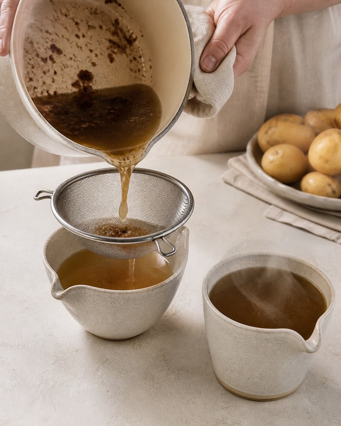 Clear brown strained roasting juices in one measuring jug beside a separate jug of steaming beef stock, no flour butter cream or finished gravy under tilberedningen af pandesovs - brun sovs