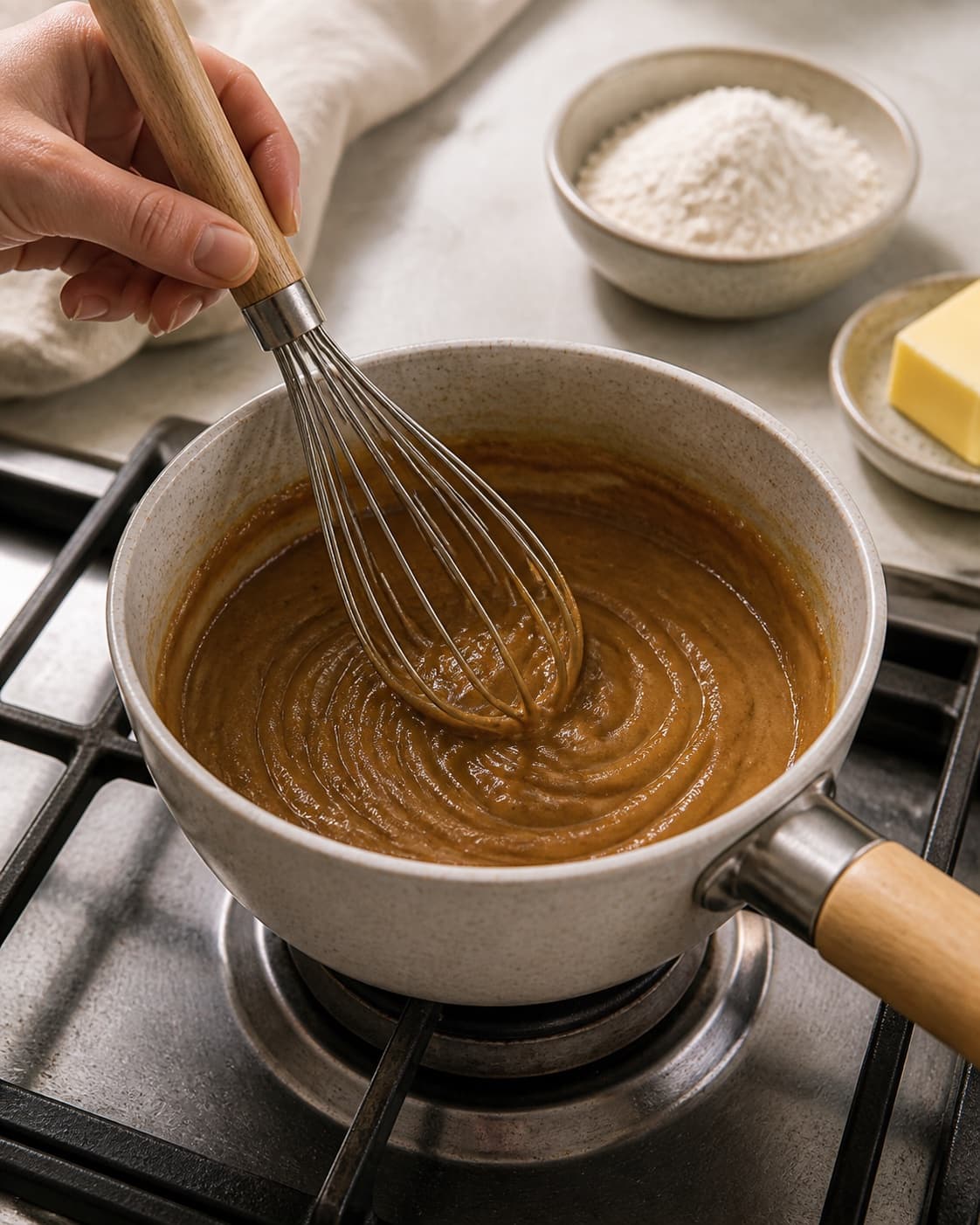 Butter and flour being whisked into one smooth nut-brown roux in a saucepan, no liquid cream or finished gravy under tilberedningen af pandesovs - brun sovs