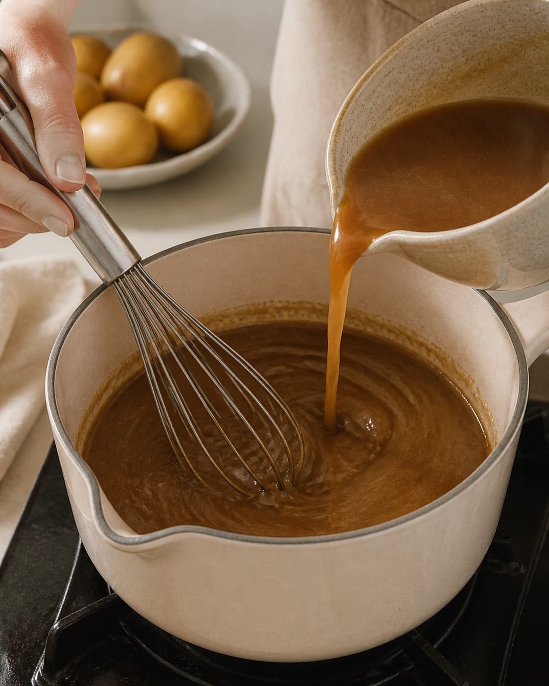 Hot strained roasting juices and stock being added gradually to nut-brown roux while whisking into smooth brown gravy, no cream yet under tilberedningen af pandesovs - brun sovs