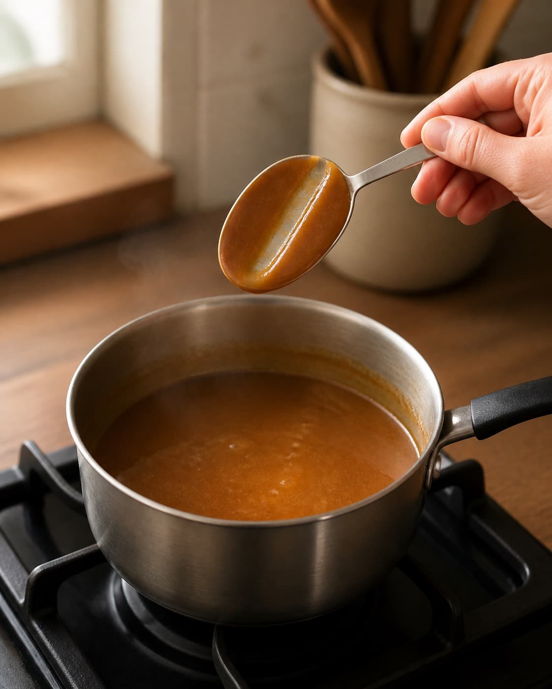 Smooth brown gravy simmering gently in one saucepan, coating the back of a spoon with one clean finger trail, no cream or garnish under tilberedningen af pandesovs - brun sovs