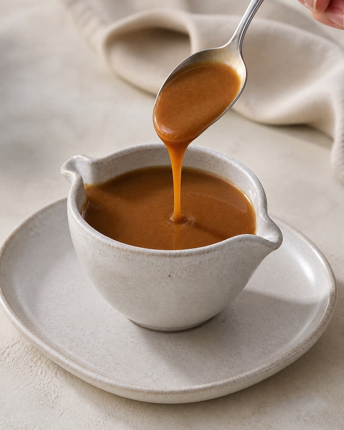Finished glossy deep-brown gravy flowing in one continuous ribbon from a spoon into one warm gravy boat, no meat potatoes or garnish under tilberedningen af pandesovs - brun sovs