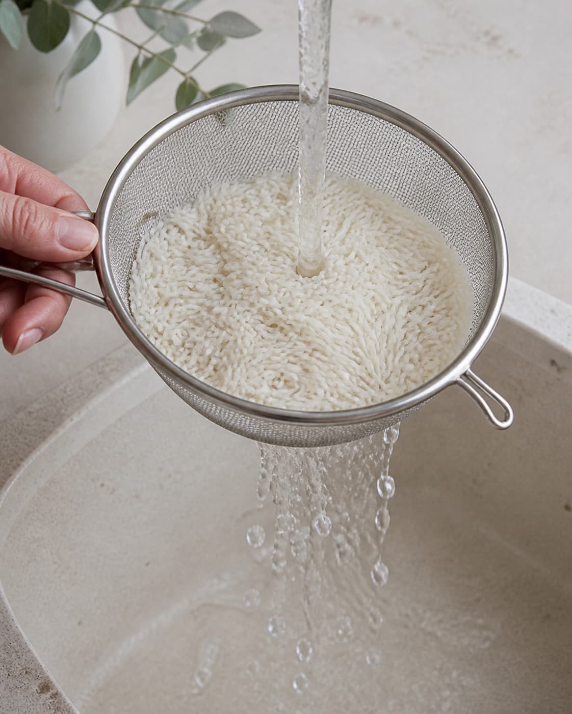 White basmati rice being rinsed in one fine sieve under cold water, runoff nearly clear, no pot or cooked rice under tilberedningen af ris – kogetid