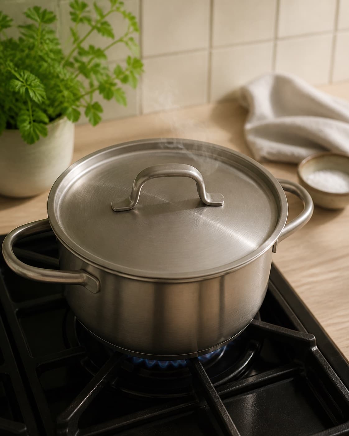 One covered saucepan of rice cooking at the gentlest simmer with a tight lid and only a faint wisp of steam, no opened lid or serving bowl under tilberedningen af ris – kogetid