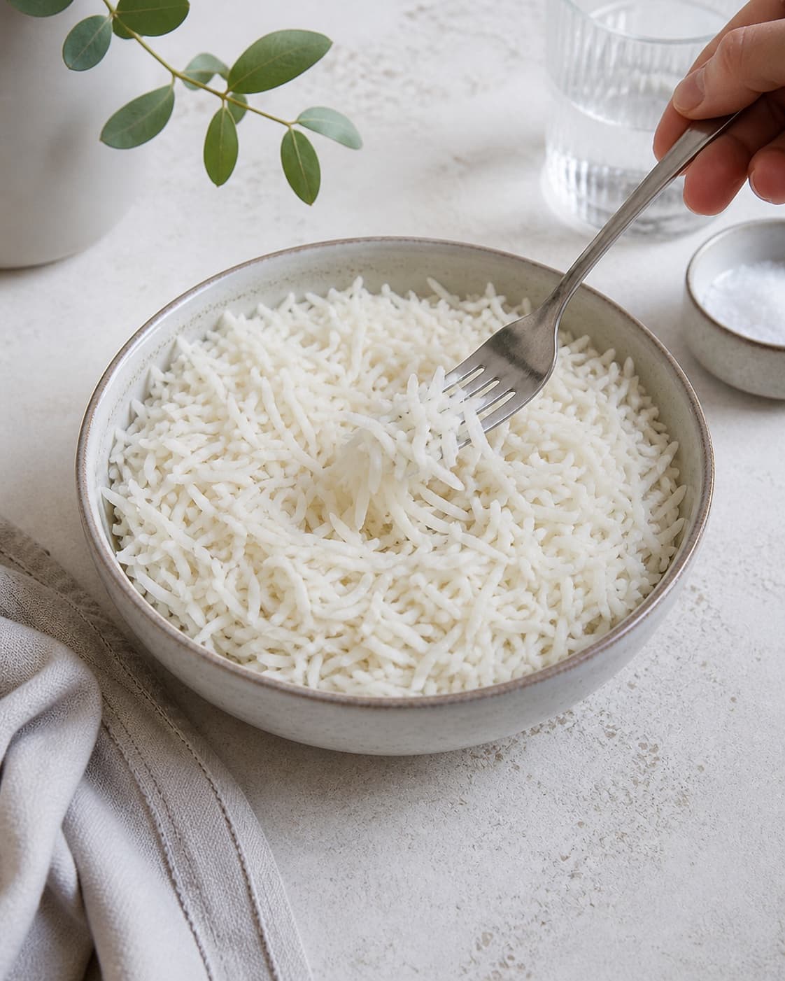 Finished fluffy white basmati rice being gently loosened with a fork in one bowl, distinct long grains and no water pool or garnish under tilberedningen af ris – kogetid
