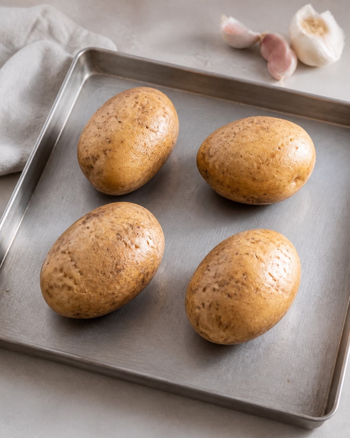 Exactly four whole raw baking potatoes scrubbed clean dried and lightly pricked with a fork, fully visible, no oil butter or cut potatoes under tilberedningen af bagte kartofler