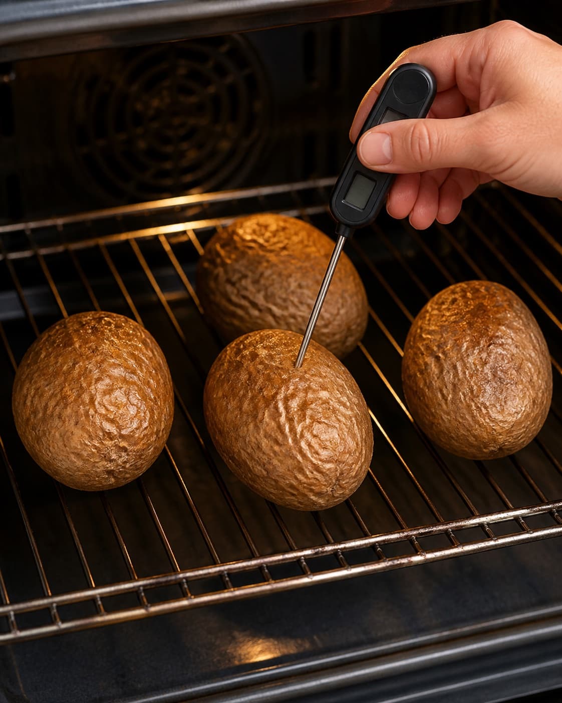 Exactly four baked potatoes with dry crisp wrinkled skins on one rack, one checked in its centre with a temperature probe, all fully visible under tilberedningen af bagte kartofler