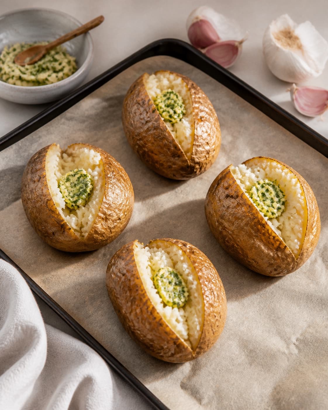Exactly four and only four opened baked potatoes, each with fluffy white centre and one portion of melting parsley garlic butter, all fully visible under tilberedningen af bagte kartofler