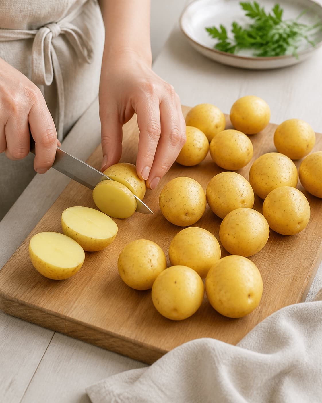 Firm raw potatoes sorted into equal sizes on one board, the few largest halved, no water pot peeled or cooked potatoes under tilberedningen af kogte kartofler