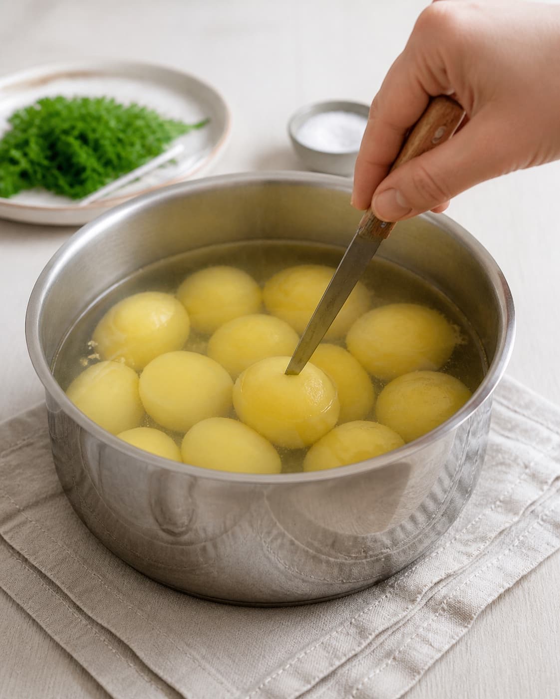 Whole peeled potatoes simmering very gently in clear water, one tested in its centre with a thin knife, no broken potatoes under tilberedningen af kogte kartofler