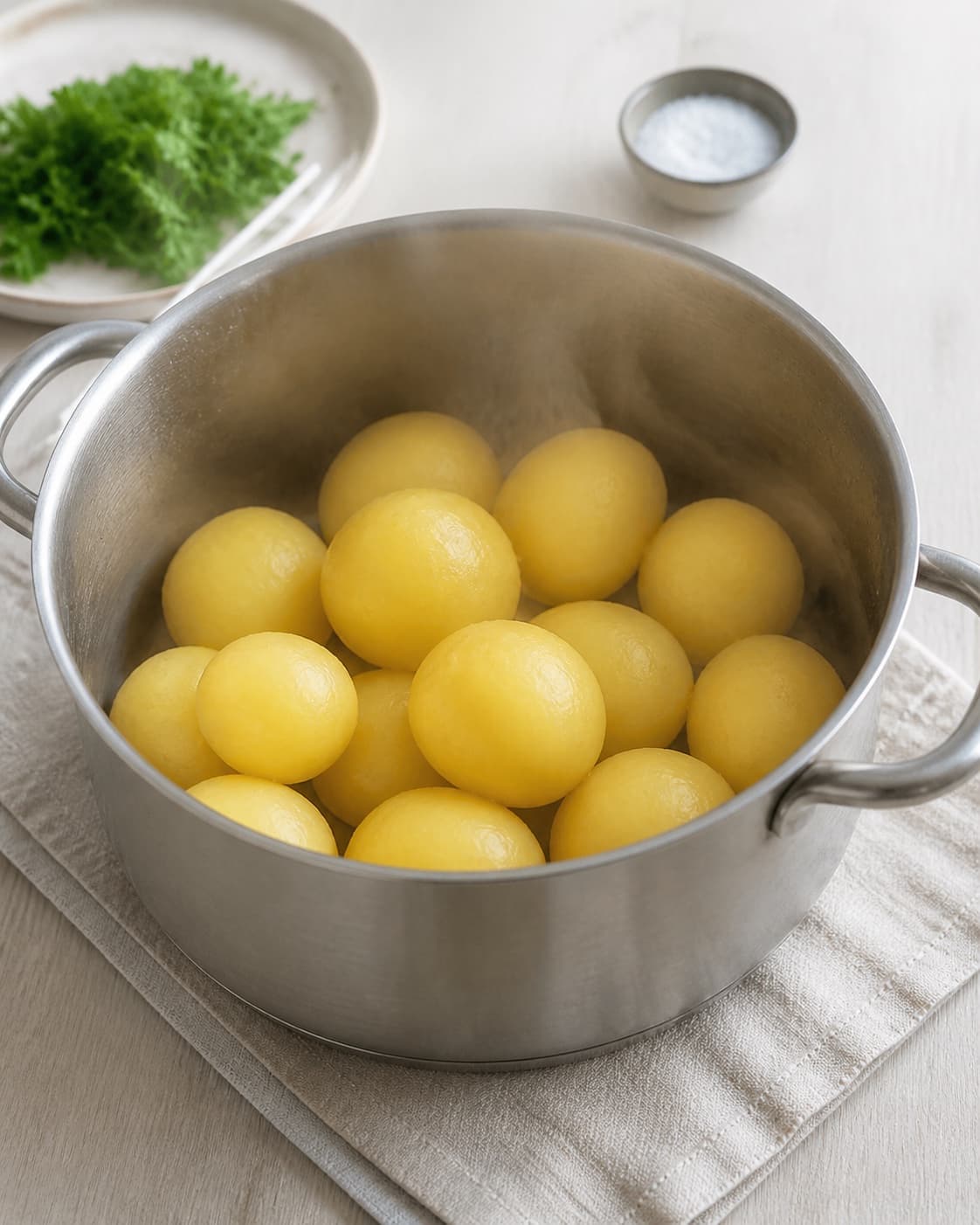 Finished whole boiled potatoes steaming dry in one warm saucepan, matte pale-yellow surfaces, no water pool broken pieces or sauce under tilberedningen af kogte kartofler
