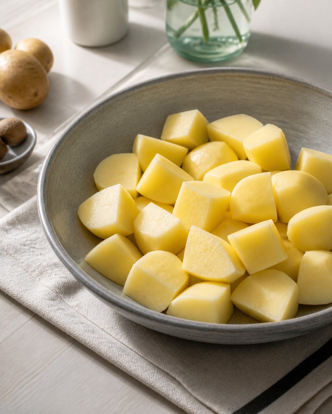 Peeled raw floury potatoes cut into equal four-centimetre chunks and briefly rinsed, no pot milk butter or mash under tilberedningen af kartoffelmos