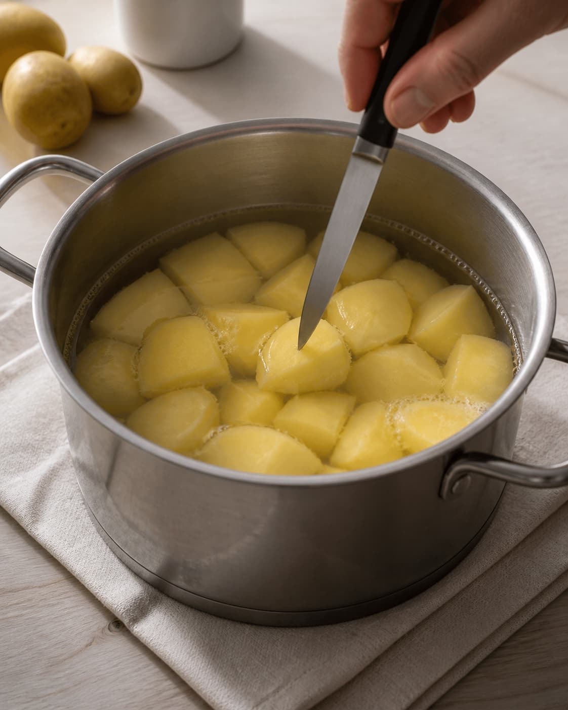 Equal potato chunks simmering gently in clear unsalted water, one tested with a thin knife, no milk butter or mash under tilberedningen af kartoffelmos
