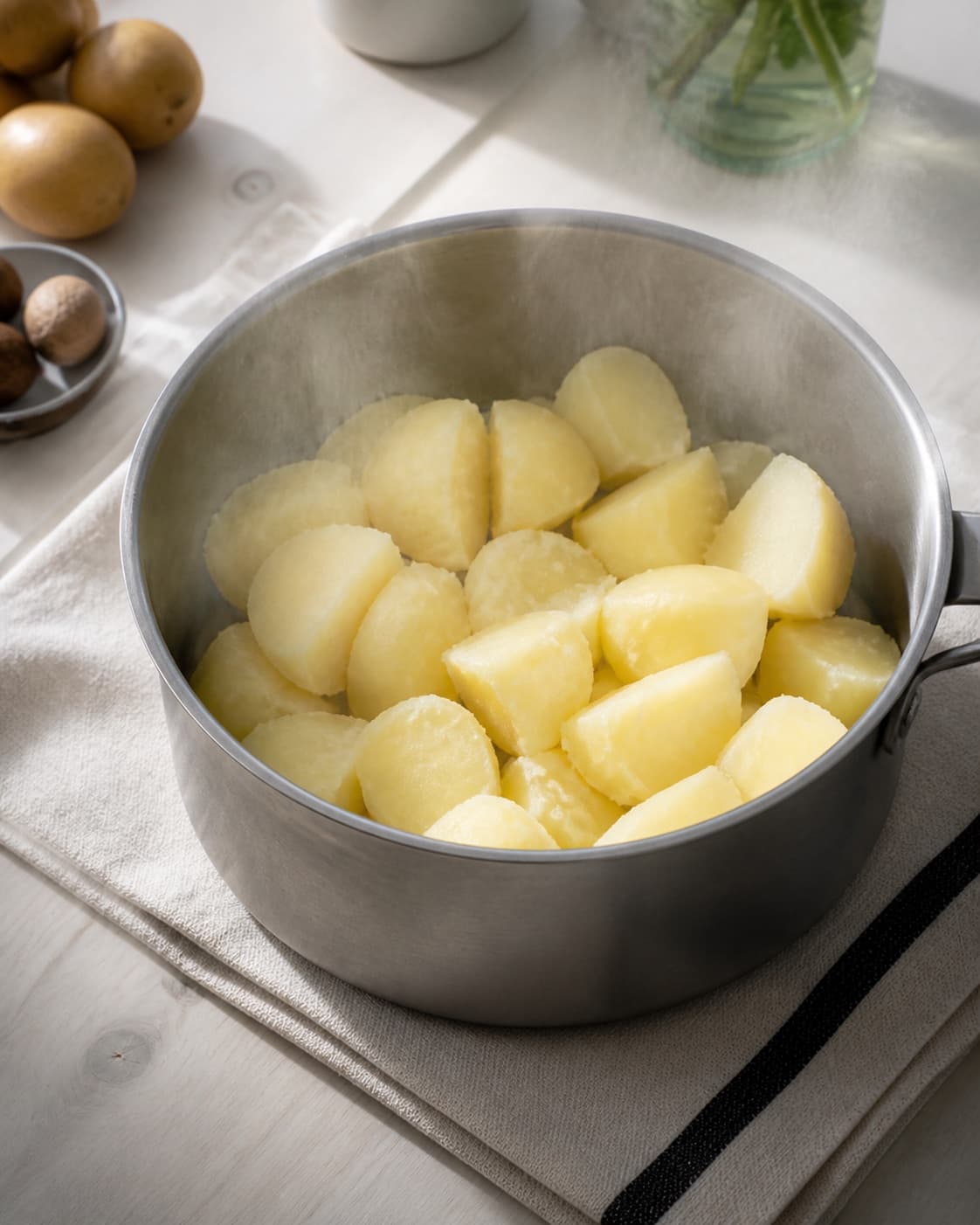 Cooked potato chunks steaming completely dry in one saucepan, matte floury surfaces and no water pool milk or butter under tilberedningen af kartoffelmos