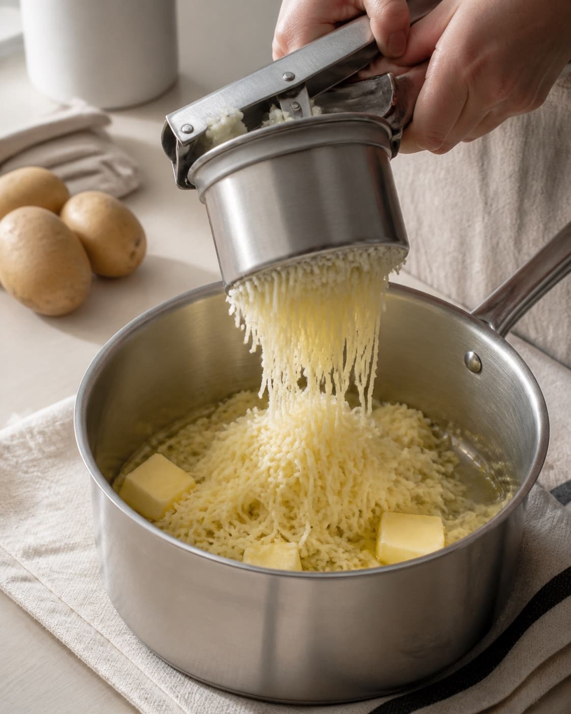 Hot dry potatoes being pressed through one potato ricer into a warm saucepan, butter cubes melting through the fine strands, no milk yet under tilberedningen af kartoffelmos