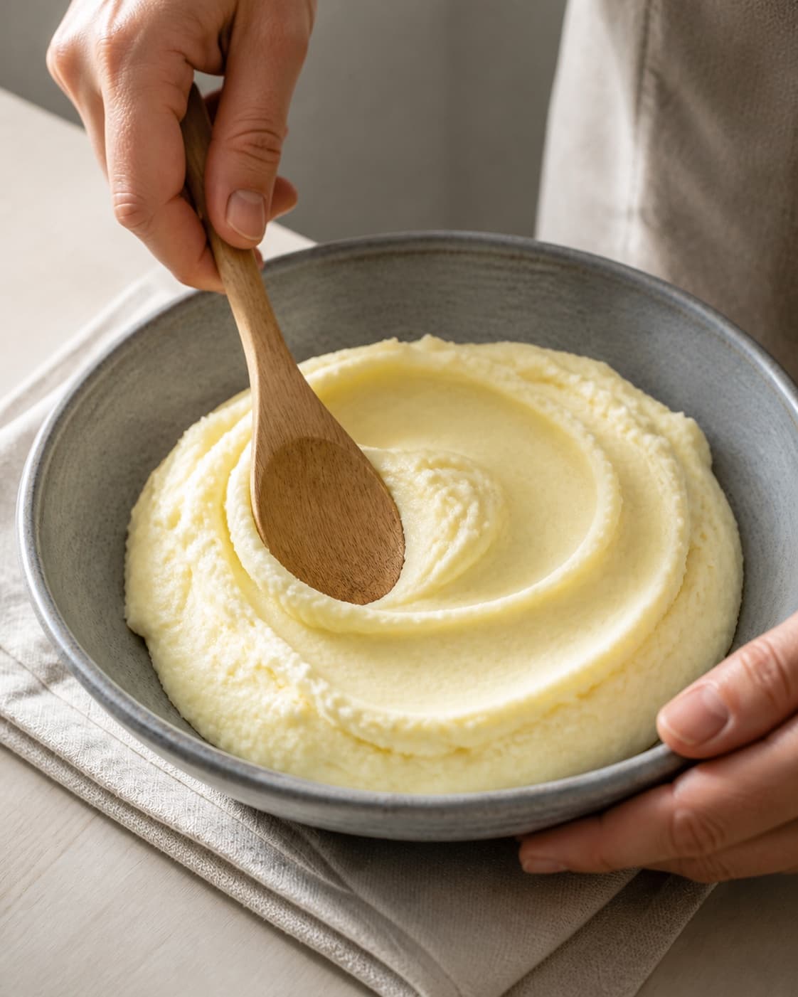 One bowl of finished pale creamy potato mash holding a soft spoon swirl, perfectly smooth with no lumps liquid pool garnish or side dishes under tilberedningen af kartoffelmos