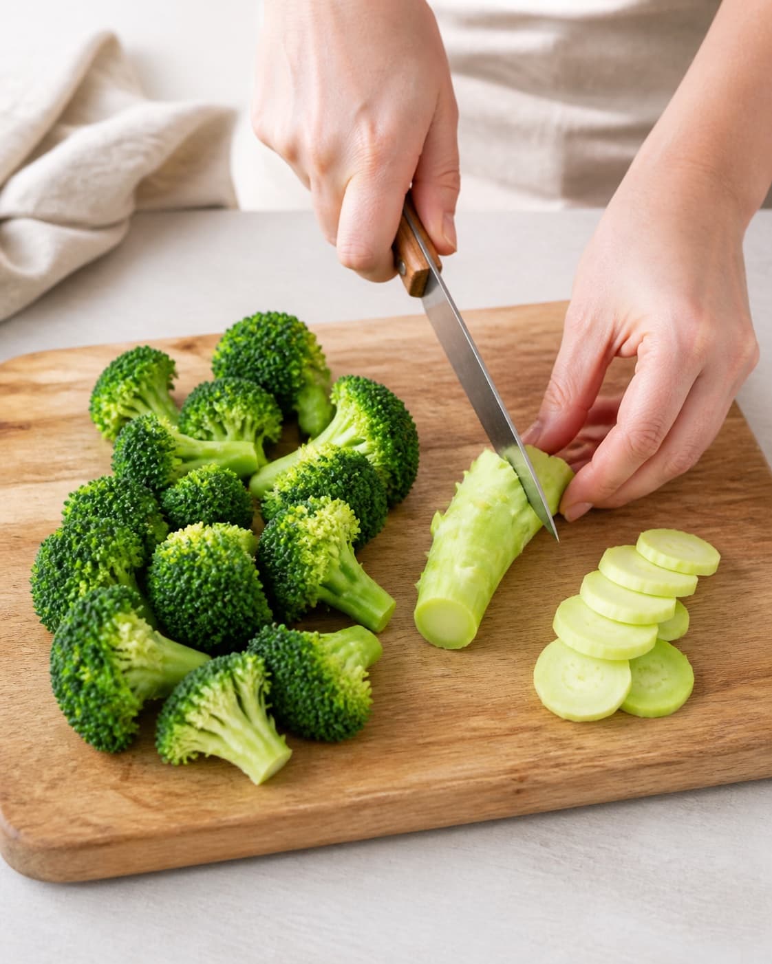 Fresh broccoli being cut into equal florets with the peeled stem sliced into thin coins separately, no pot steam butter or cheese under tilberedningen af dampet broccoli