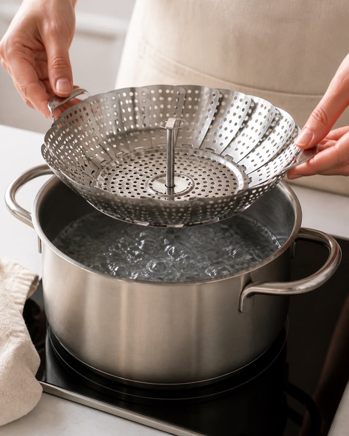 Clear water boiling beneath one empty metal steamer basket, water level visibly below the basket, no broccoli butter or cheese under tilberedningen af dampet broccoli