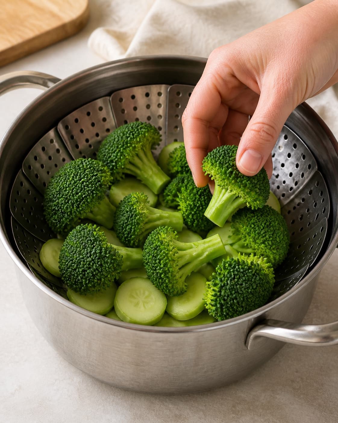 Peeled broccoli stem coins already steaming in one basket as fresh green florets are added above them, no butter cheese or finished plate under tilberedningen af dampet broccoli