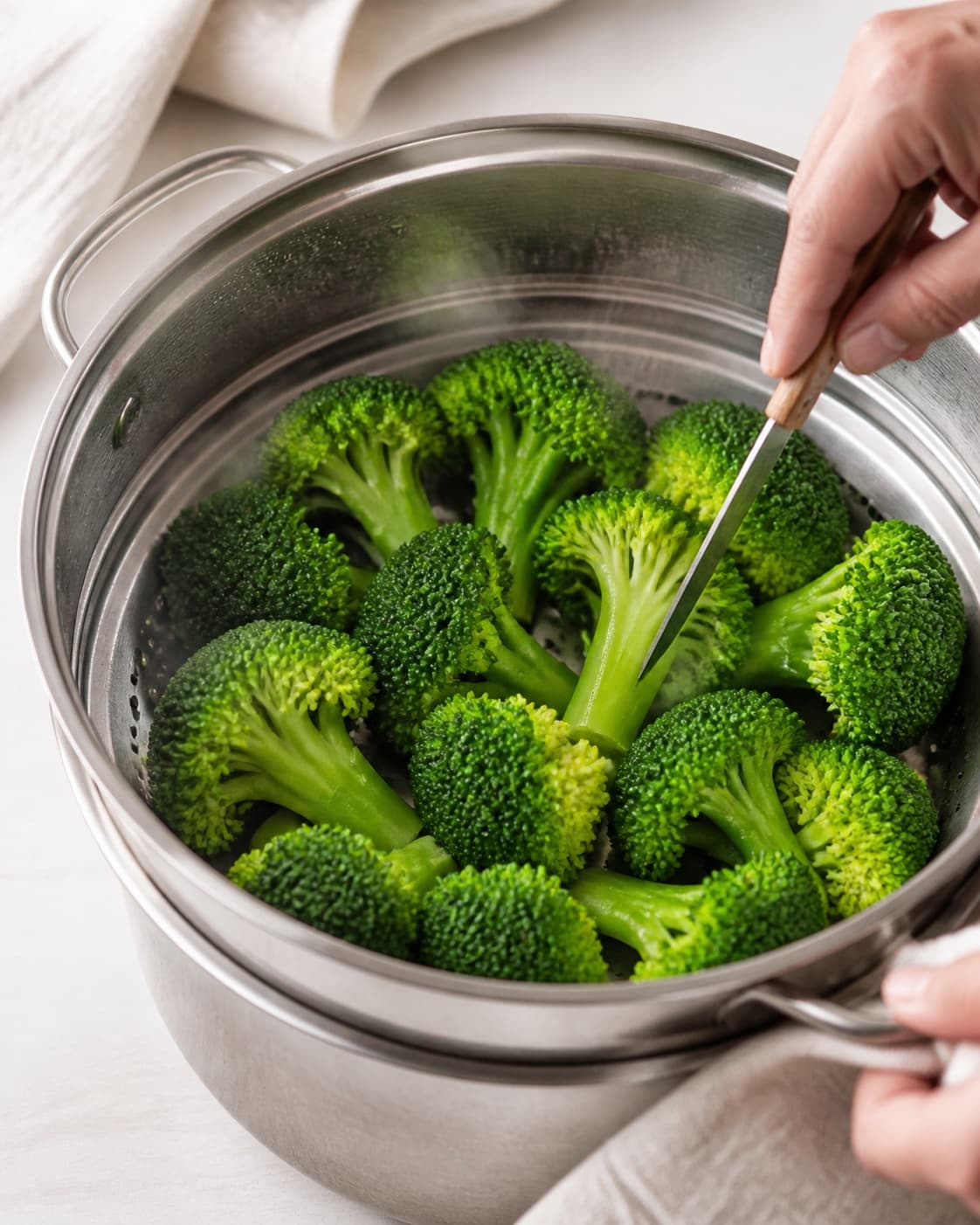 Bright-green steamed broccoli florets in one lifted steamer basket, one stem tested with a thin knife, intact florets and no butter or cheese under tilberedningen af dampet broccoli