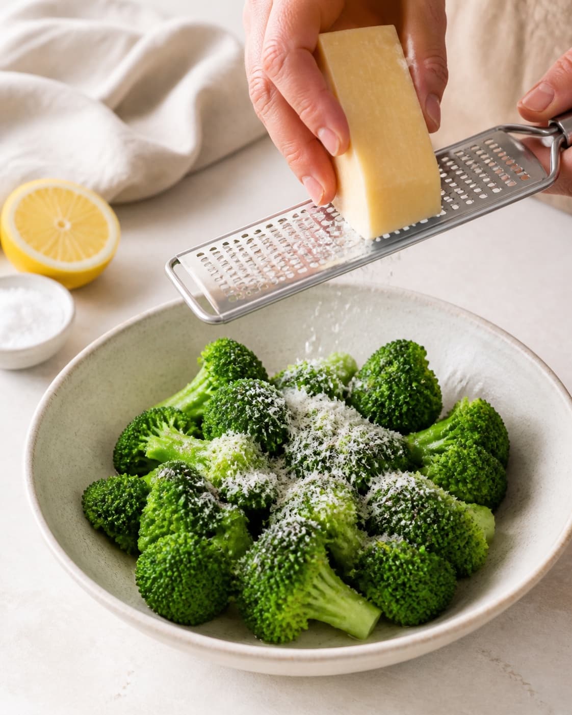 One serving bowl of bright-green intact steamed broccoli lightly glossy with butter lemon fine parmesan and black pepper, no water pool or other vegetables under tilberedningen af dampet broccoli