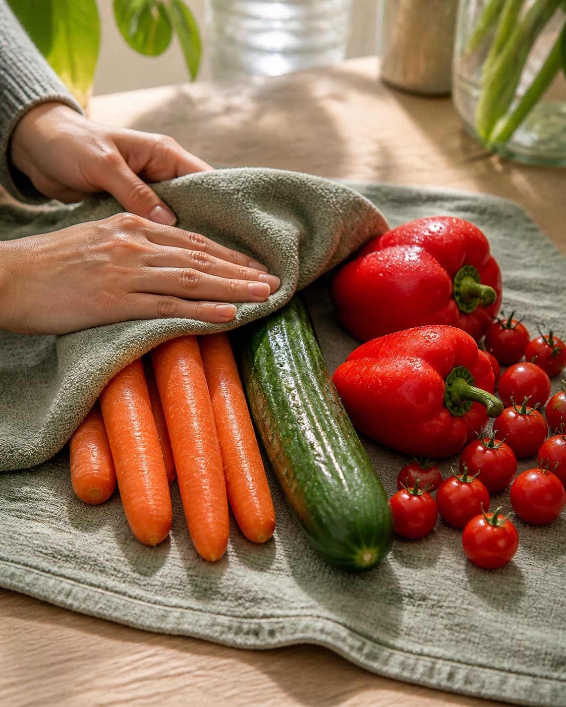 Clean whole carrots one cucumber exactly two red bell peppers and cherry tomatoes being dried on one clean cloth, no cut vegetables or dip under tilberedningen af gnavegrønt