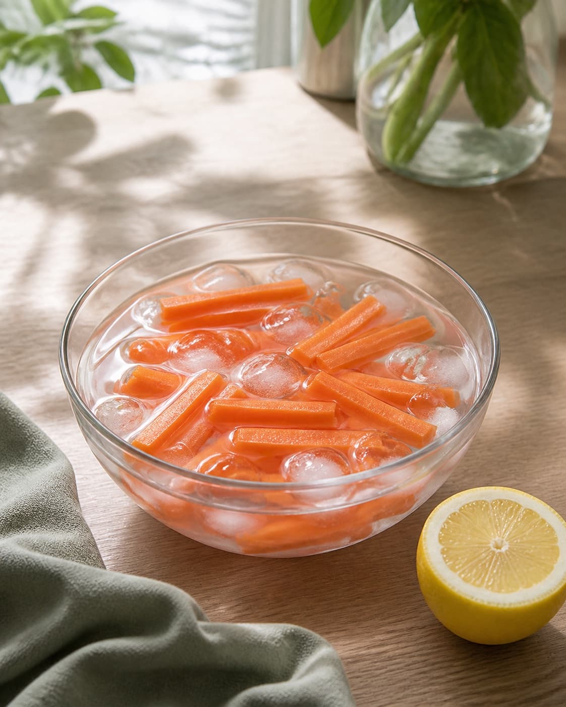Equal finger-length carrot sticks crisping in one bowl of clear ice water with a lemon half nearby, no cucumber peppers tomatoes or dip under tilberedningen af gnavegrønt