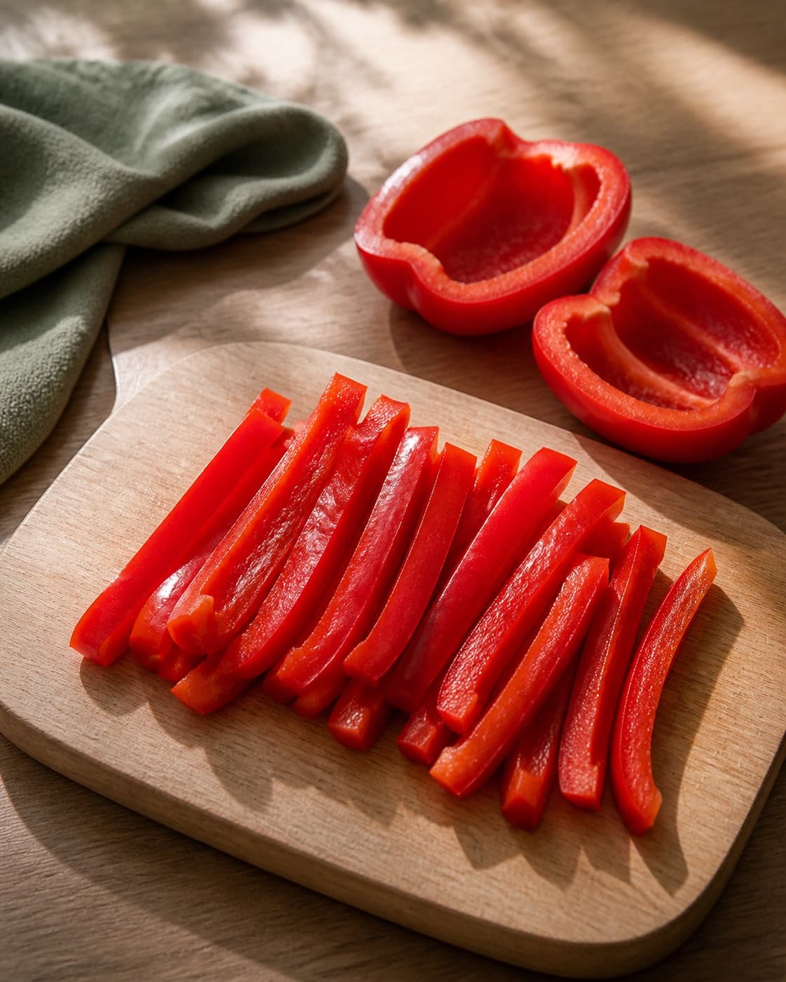 Exactly two red bell peppers cleaned of seeds and white ribs and cut into equal broad glossy sticks, no other vegetables or dip under tilberedningen af gnavegrønt