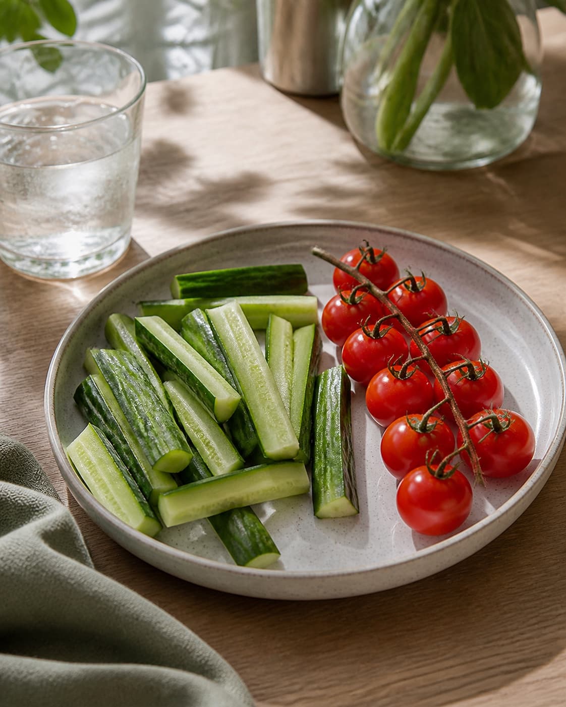 Cucumber cut into thick green sticks beside a separate group of whole dry cherry tomatoes, no carrots peppers dip or cut tomatoes under tilberedningen af gnavegrønt