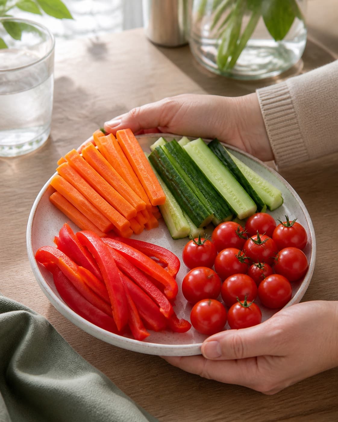 One chilled platter with exactly four clearly separated vegetable groups: carrot sticks, red pepper sticks, cucumber sticks and whole cherry tomatoes, no dip liquid herbs or extra vegetables under tilberedningen af gnavegrønt