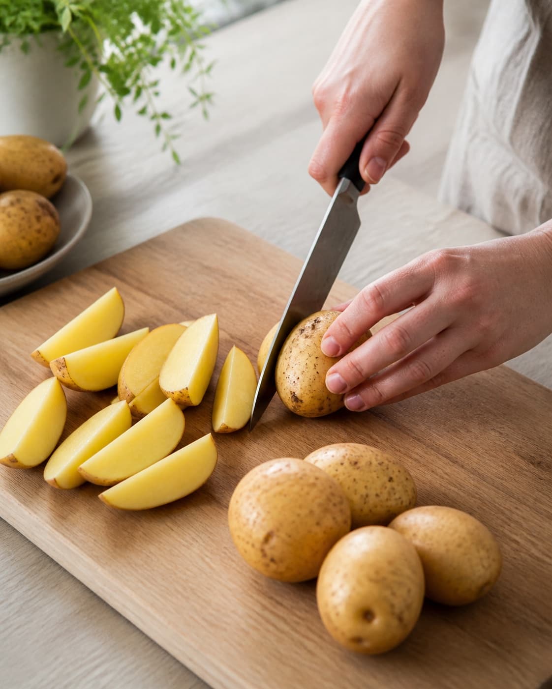Raw skin-on potatoes being cut lengthwise into equal thick wedges, clean cut faces, no water oil spices or cooked potatoes under tilberedningen af kartoffelbåde i ovn