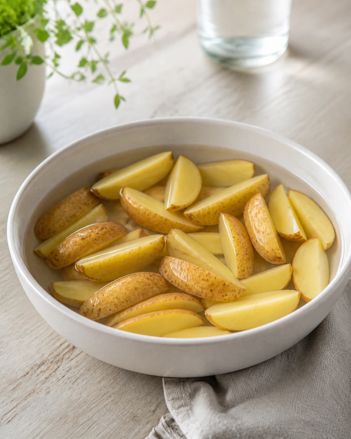 Raw potato wedges soaking in one bowl of cold nearly clear water, starch rinsed away, no oil spices or cooked wedges under tilberedningen af kartoffelbåde i ovn
