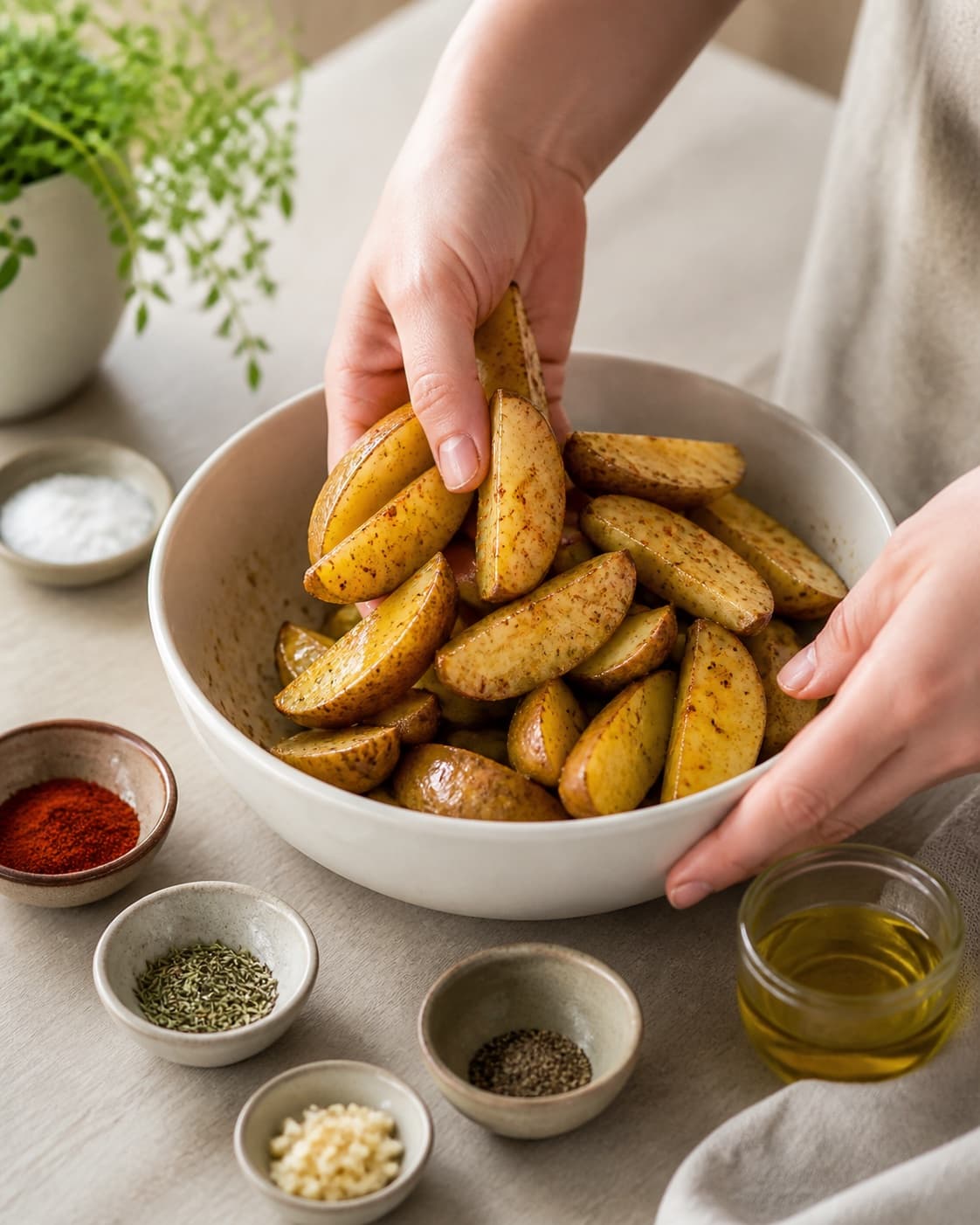 Dry raw potato wedges being evenly tossed with a thin coating of oil paprika rosemary garlic salt and pepper, no tray or baked wedges under tilberedningen af kartoffelbåde i ovn
