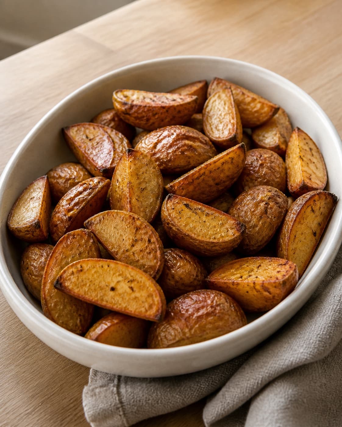 Finished deeply golden oven-baked potato wedges with crisp edges and fluffy centres in one serving bowl, no dip meat or extra garnish under tilberedningen af kartoffelbåde i ovn