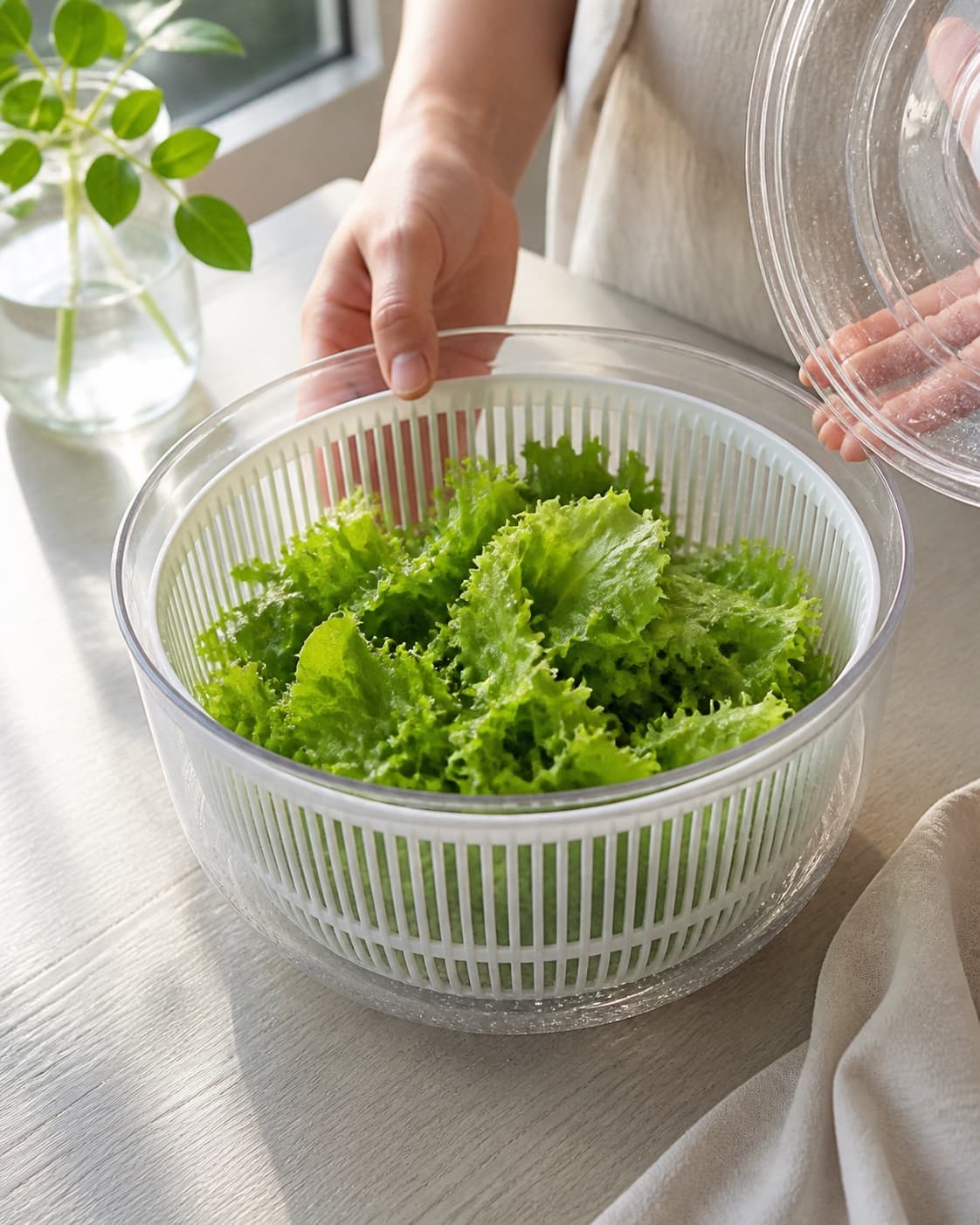 Fresh mixed green salad leaves completely dry and crisp in one salad spinner, no cucumber tomato onion or dressing under tilberedningen af grønt tilbehør
