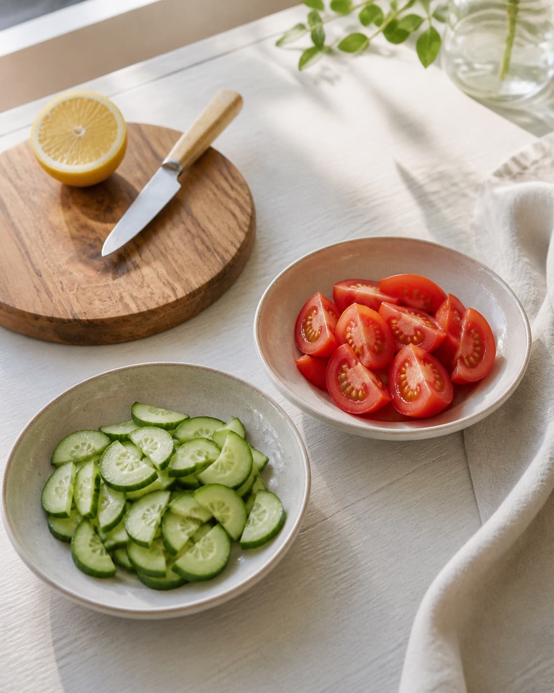 Cucumber half-moons and ripe tomato wedges prepared in two separate groups, no greens onion dressing or mixed salad under tilberedningen af grønt tilbehør