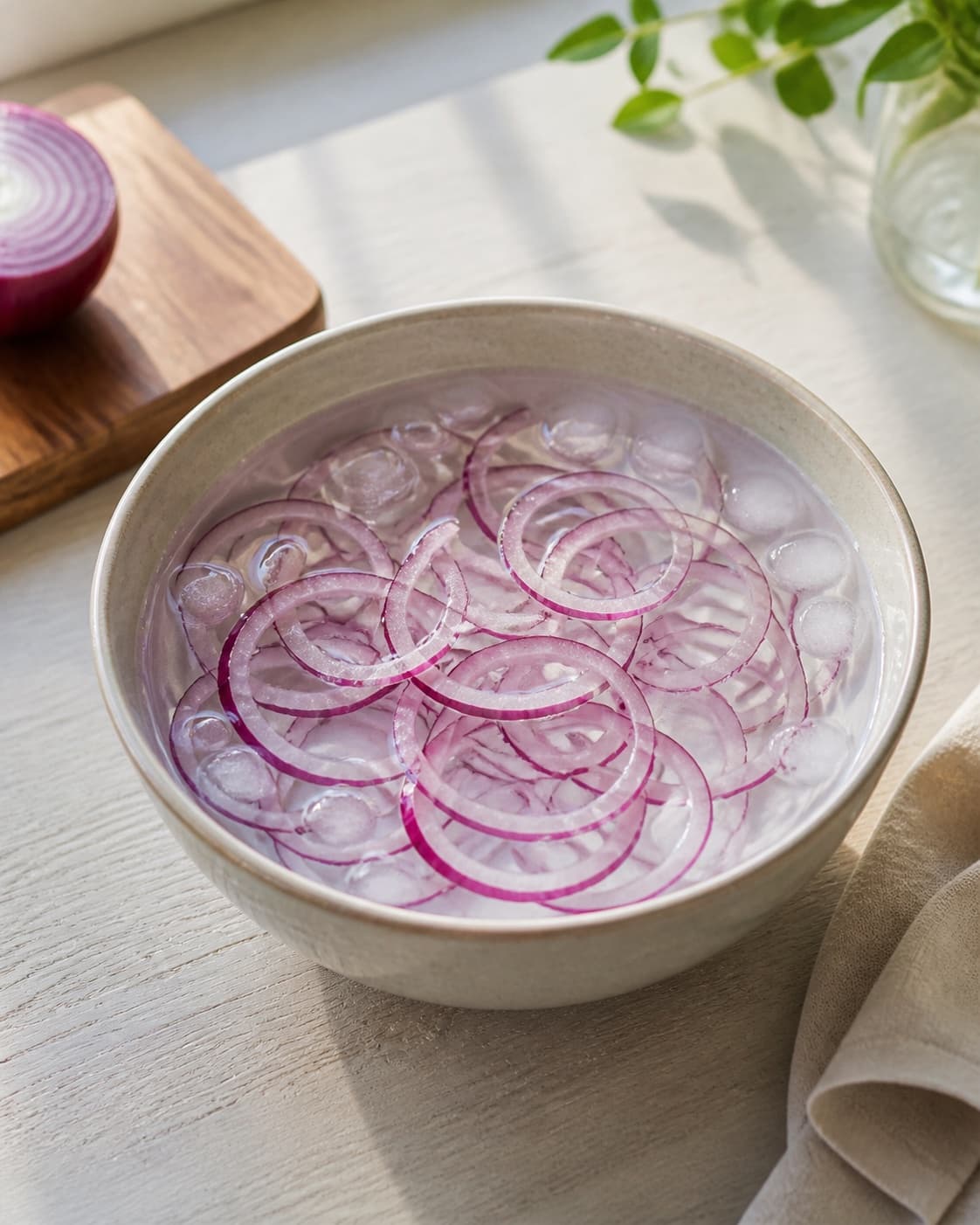 Very thin purple red-onion rings soaking in one small bowl of clear ice water, no other vegetables or dressing under tilberedningen af grønt tilbehør