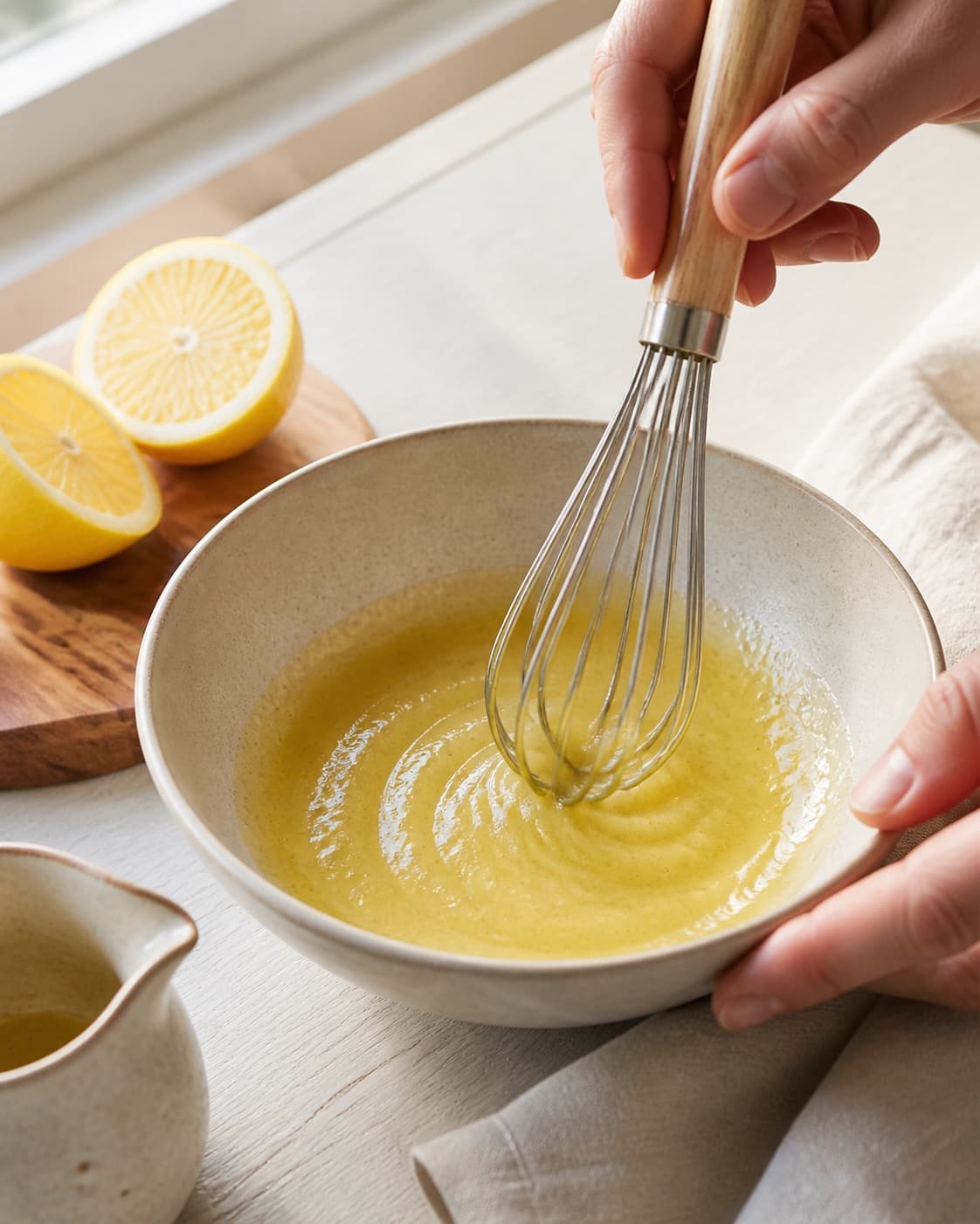 Lemon mustard honey vinaigrette being whisked into one glossy pale-yellow emulsion, no herbs vegetables or salad under tilberedningen af grønt tilbehør