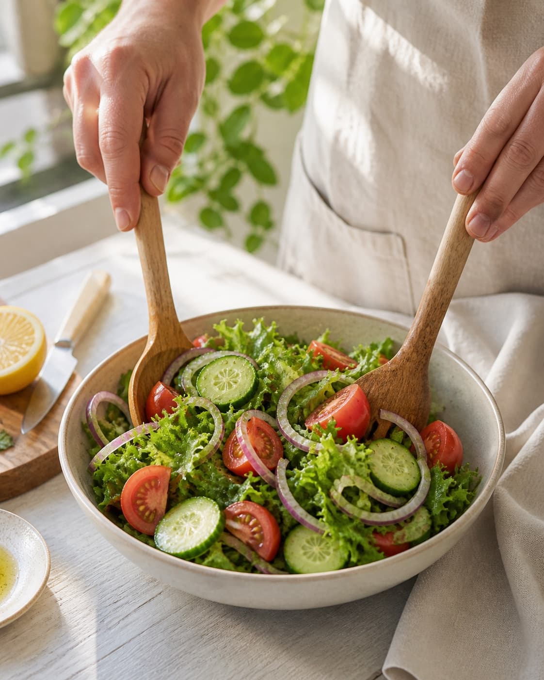 One large serving bowl of lightly dressed green salad with cucumber tomato wedges and purple onion rings, glossy leaves and no liquid pool under tilberedningen af grønt tilbehør