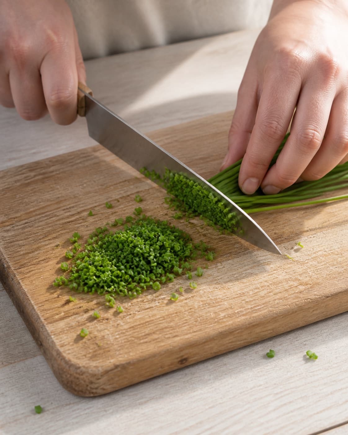 Fresh chives being finely sliced into small dry bright-green pieces on one board, no dairy lemon or finished dressing under tilberedningen af cremefraiche-dressing