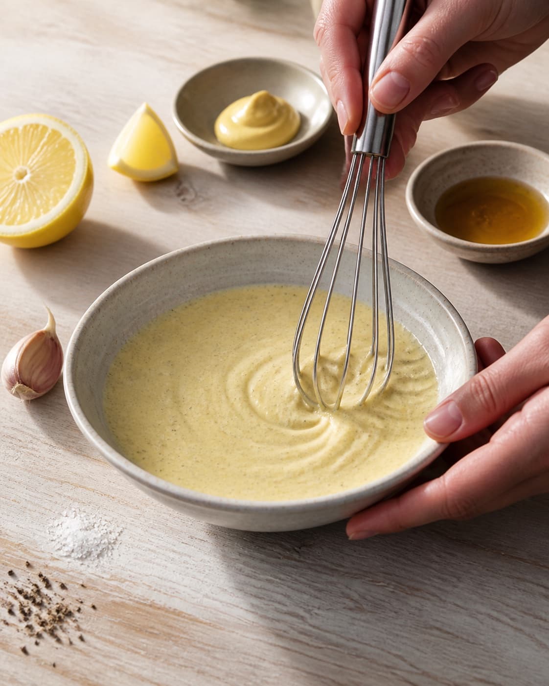 Lemon mustard honey grated garlic salt and pepper whisked into one smooth pale-yellow base, no creme fraiche chives or finished dressing under tilberedningen af cremefraiche-dressing