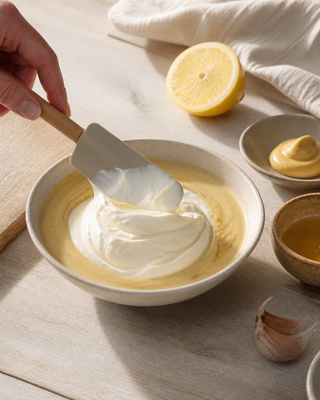 Thick creme fraiche being gently folded into the lemon mustard base with a spatula, smooth white dressing and no chives yet under tilberedningen af cremefraiche-dressing