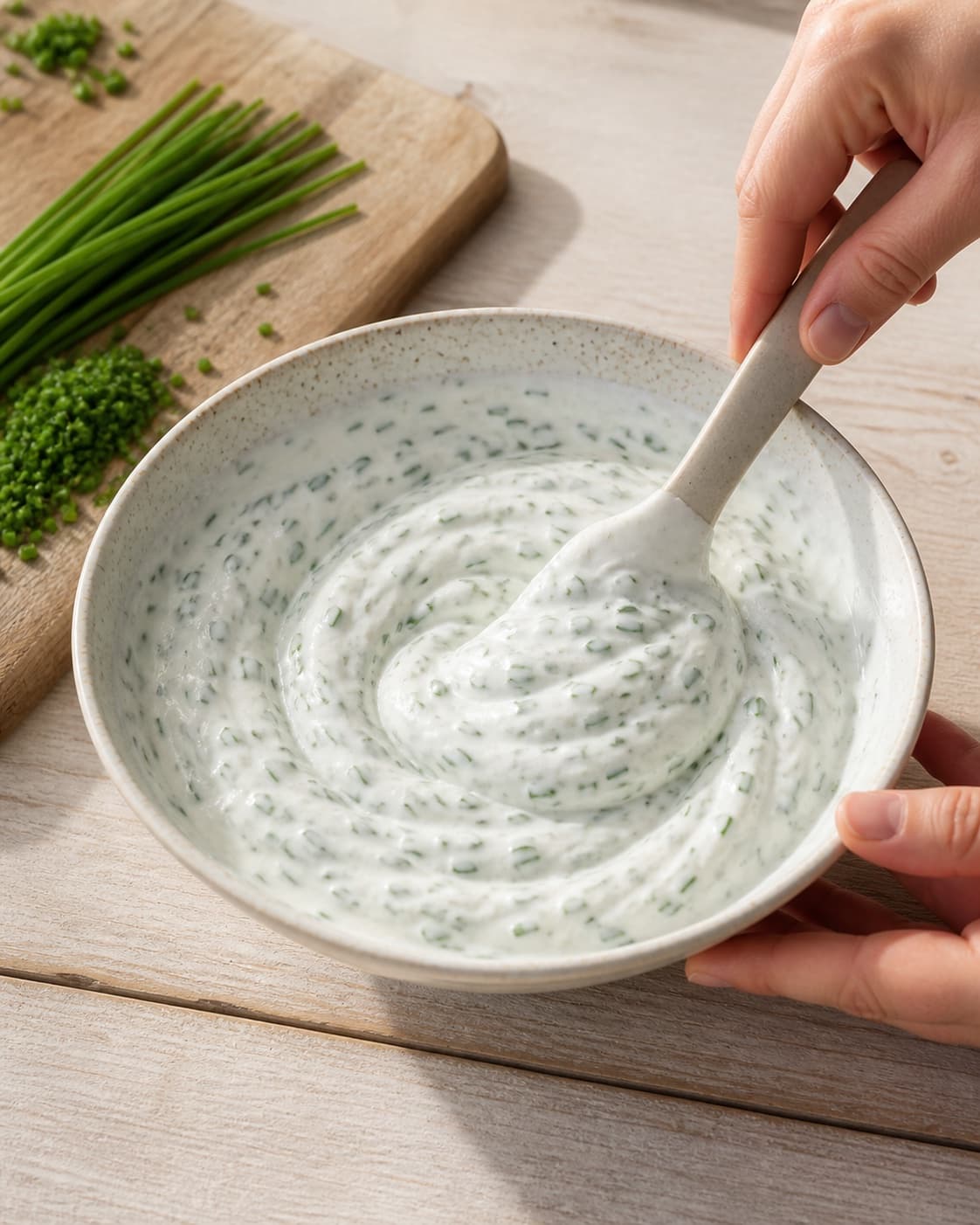 Finely chopped chives being folded into thick white creme fraiche dressing, dense even green flecks and no garnish bowl yet under tilberedningen af cremefraiche-dressing