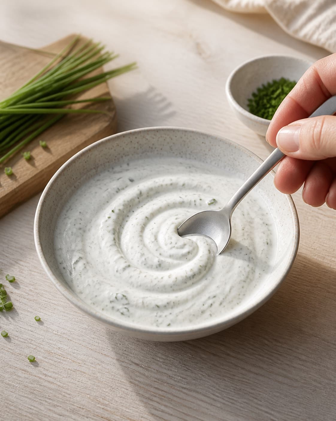 One shallow bowl of chilled thick creme fraiche dressing holding a clean spoon swirl with fine chives, no vegetables bread chips or liquid pool under tilberedningen af cremefraiche-dressing
